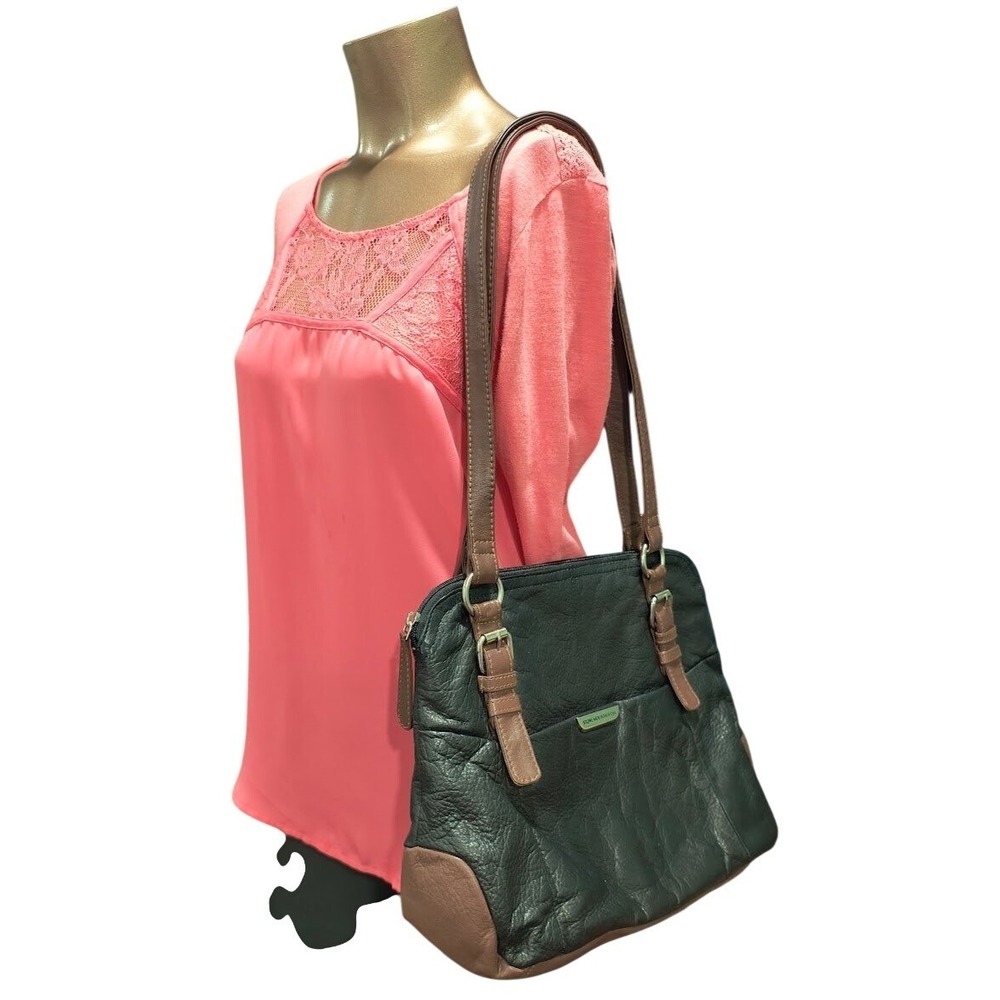 Stone Mountain USA Black Pebbled Leather Shoulder Bag Brown Trim Silver Hardware